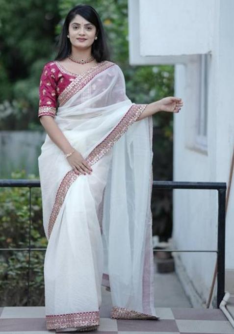 Off White Printed Blended Saree Set