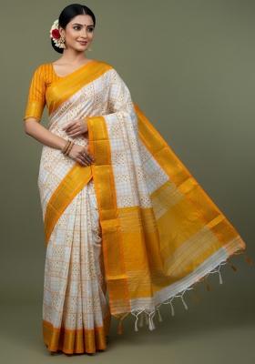 Yellow Printed Blended Saree Set
