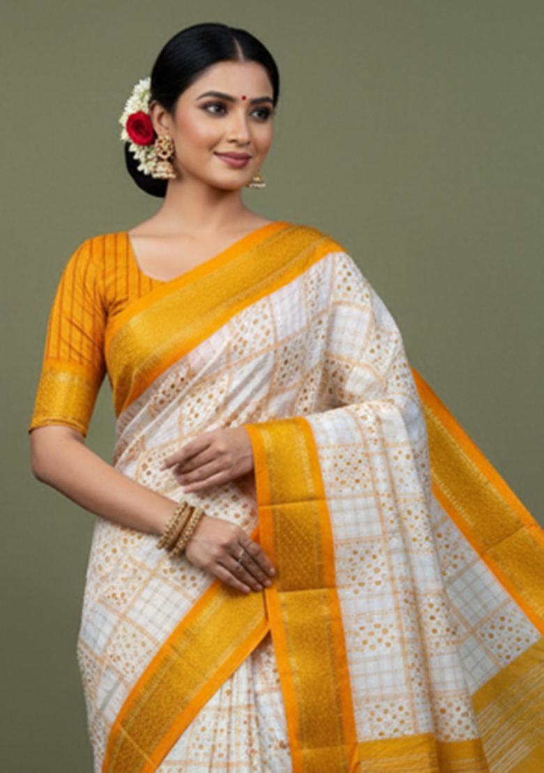 Yellow Printed Blended Saree Set - Indya