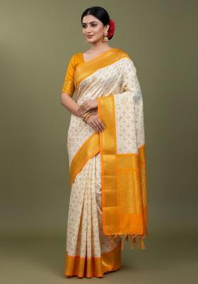 Yellow Printed Blended Saree Set