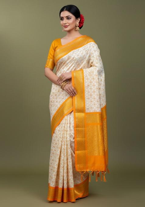 Yellow Printed Blended Saree Set