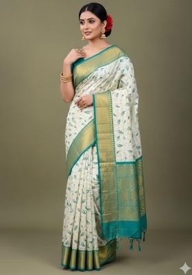 Turquoise Blue Printed Blended Saree Set