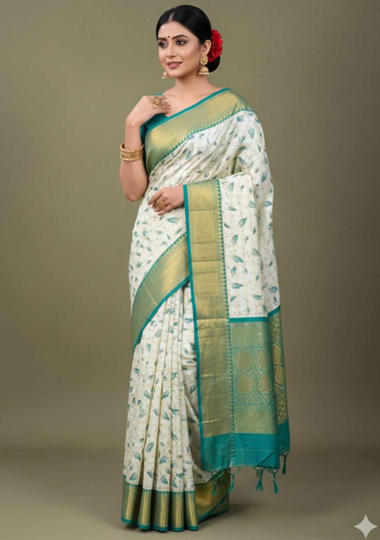 Turquoise Blue Printed Blended Saree Set - Indya