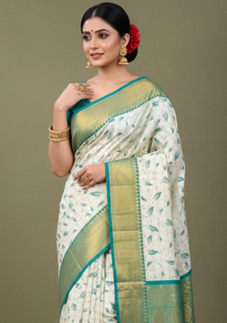 Turquoise Blue Printed Blended Saree Set - Indya