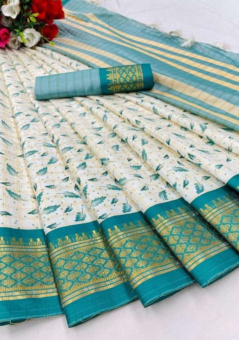Turquoise Blue Printed Blended Saree Set - Indya
