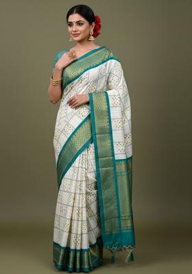 Turquoise Blue Printed Blended Saree Set