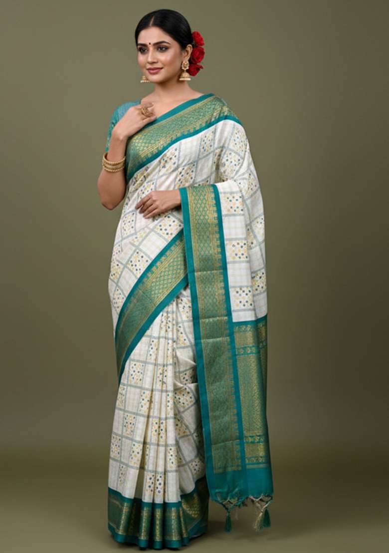 Turquoise Blue Printed Blended Saree Set - Indya