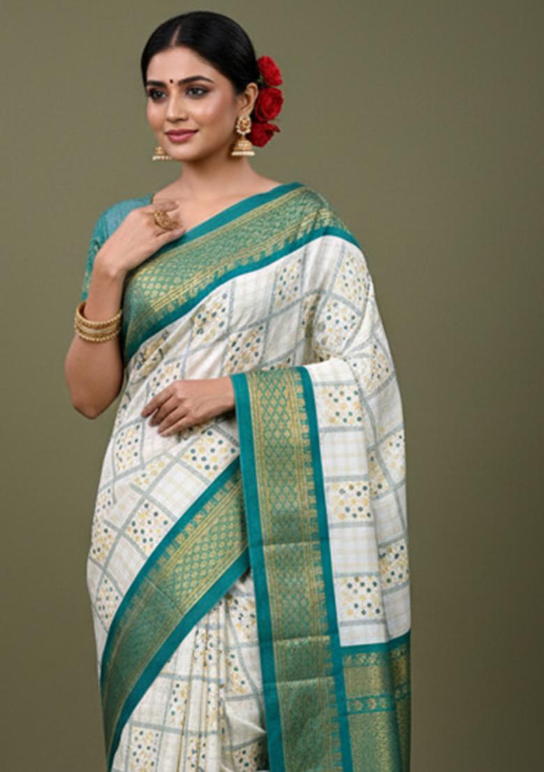 Turquoise Blue Printed Blended Saree Set - Indya