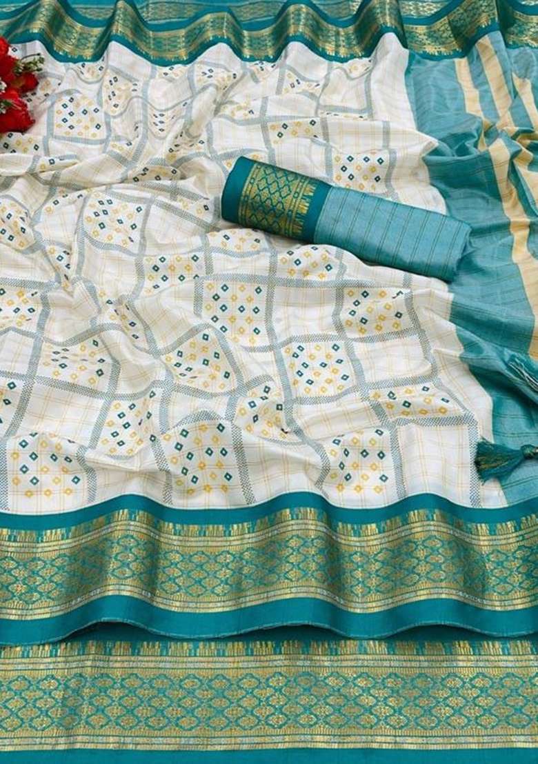 Turquoise Blue Printed Blended Saree Set - Indya