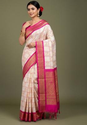 Pink Printed Blended Saree Set