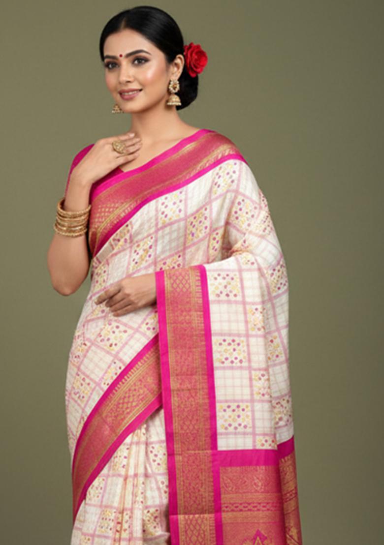 Pink Printed Blended Saree Set - Indya