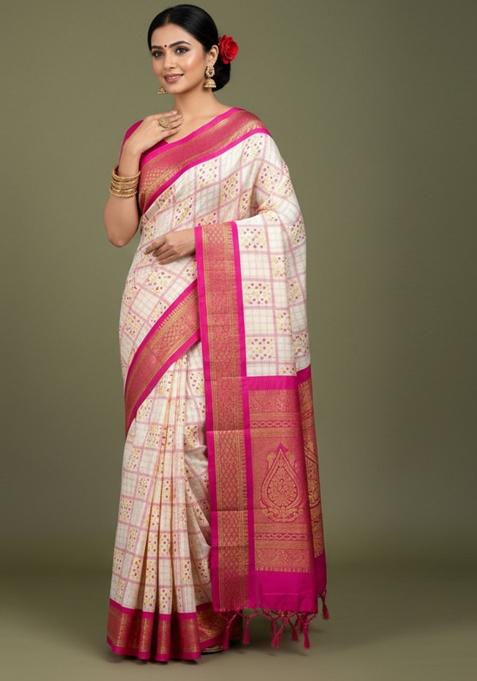 Pink Printed Blended Saree Set