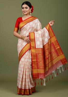 Red Printed Blended Saree Set