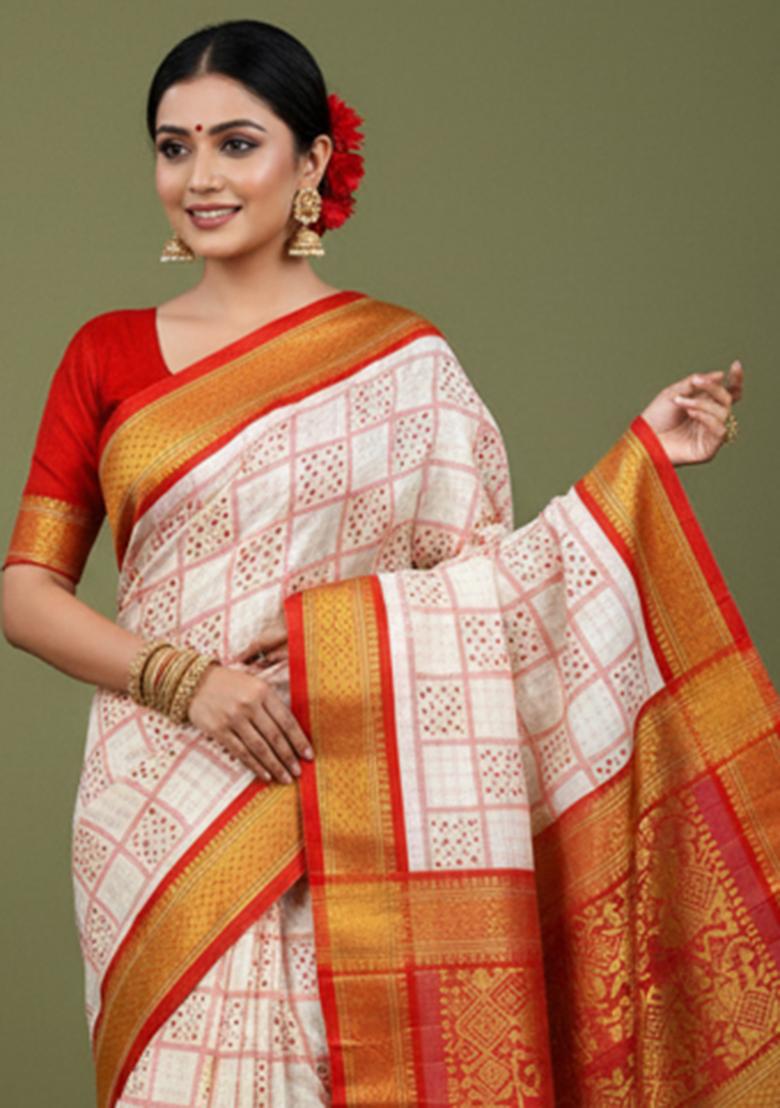 Red Printed Blended Saree Set - Indya