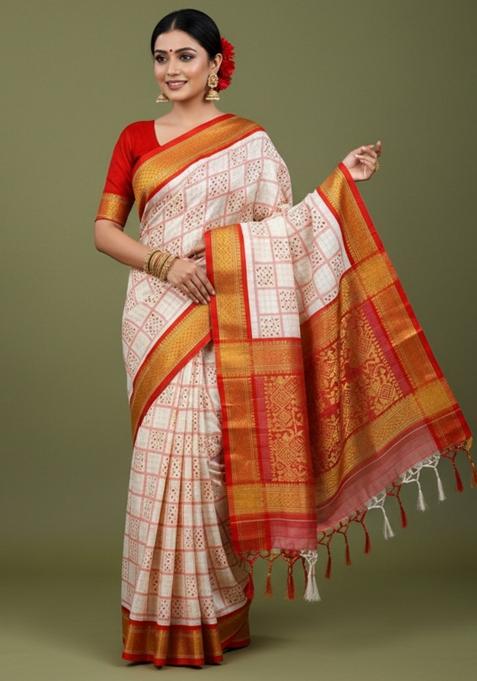 Red Printed Blended Saree Set