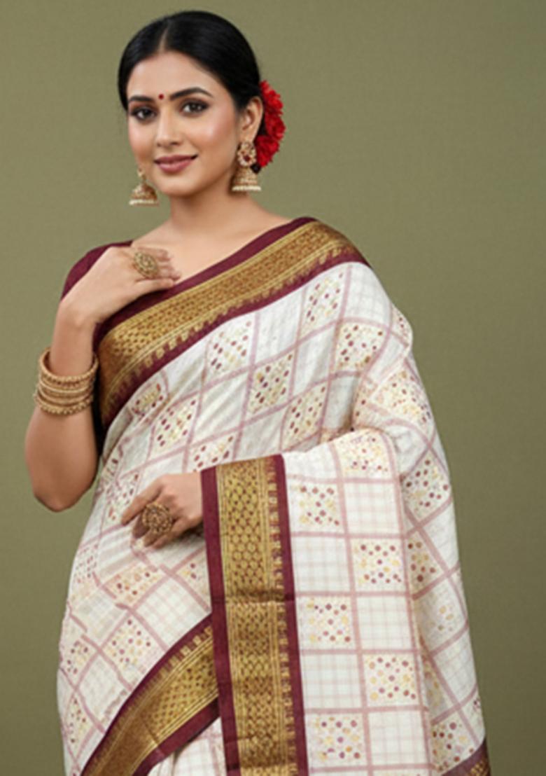 Maroon Printed Blended Saree Set - Indya