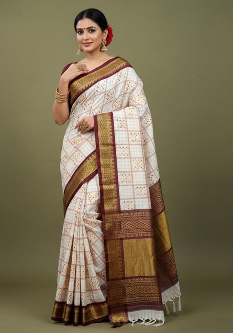 Maroon Printed Blended Saree Set