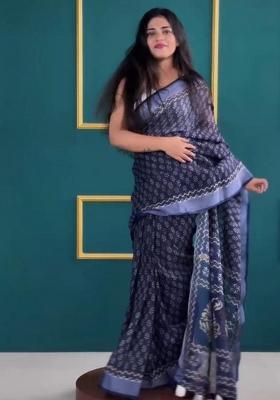 Blue Printed Blended Saree Set