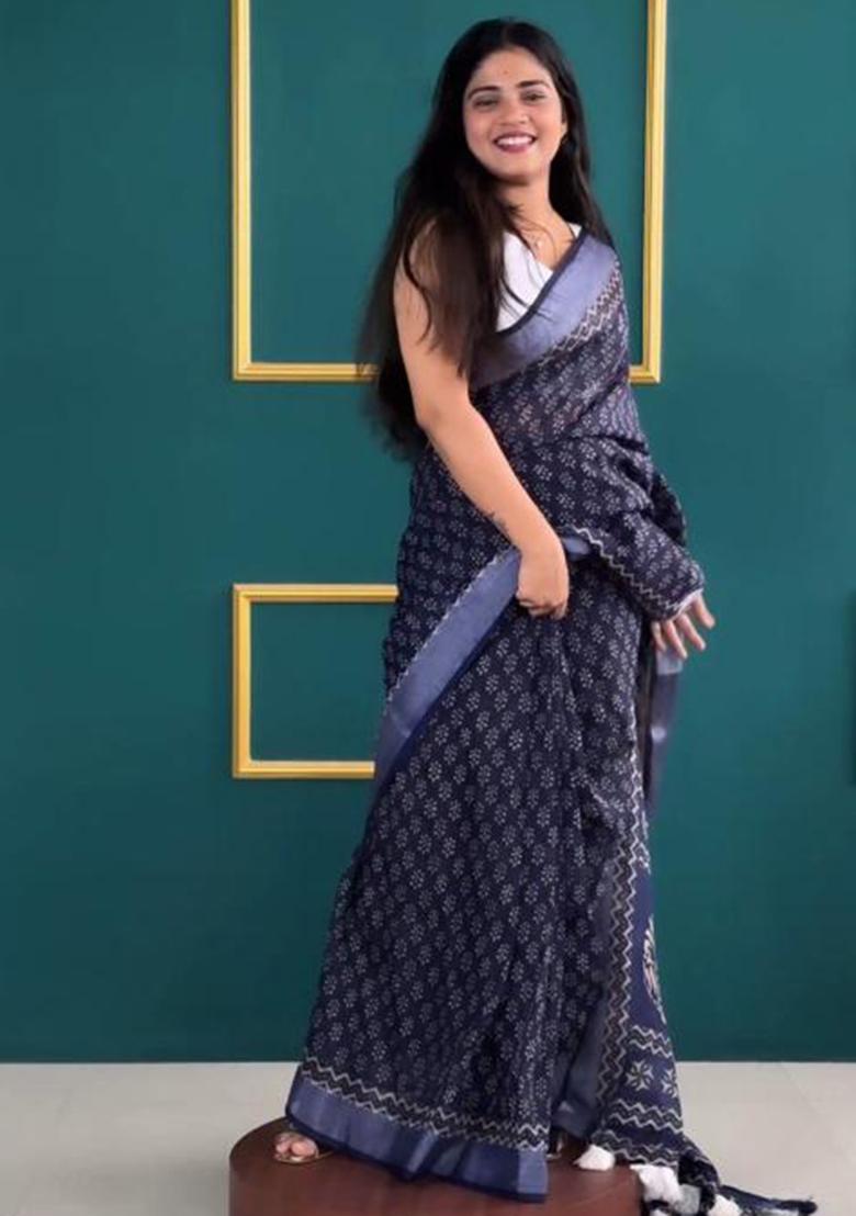 Blue Printed Blended Saree Set - Indya