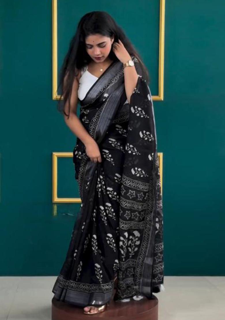 Black Printed Blended Saree Set - Indya