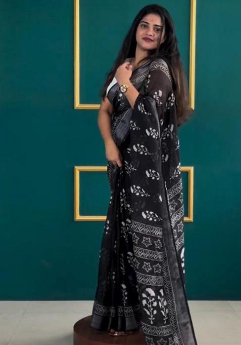 Black Printed Blended Saree Set