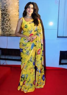 Yellow Printed Blended Saree Set
