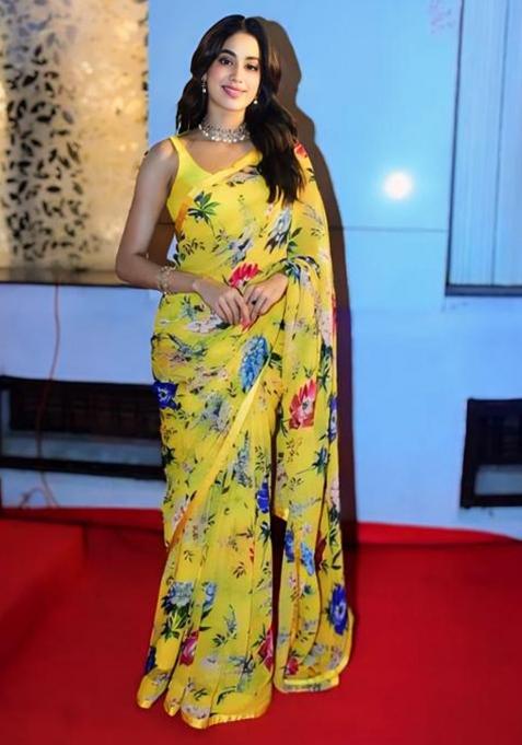 Yellow Printed Blended Saree Set