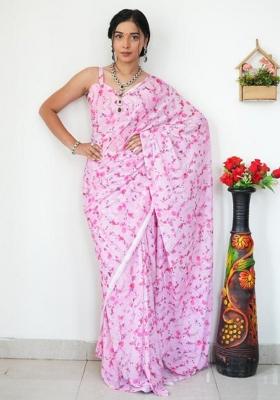 Pink Printed Blended Saree Set