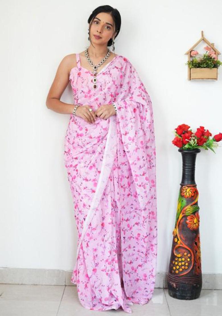 Pink Printed Blended Saree Set - Indya