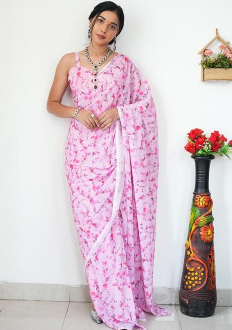 Pink Printed Blended Saree Set - Indya