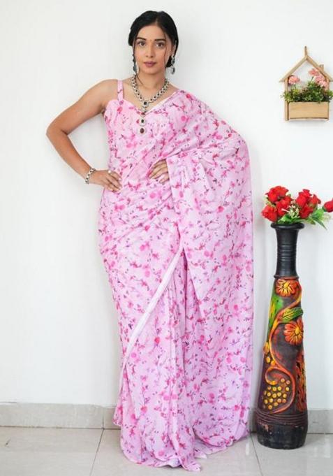 Pink Printed Blended Saree Set