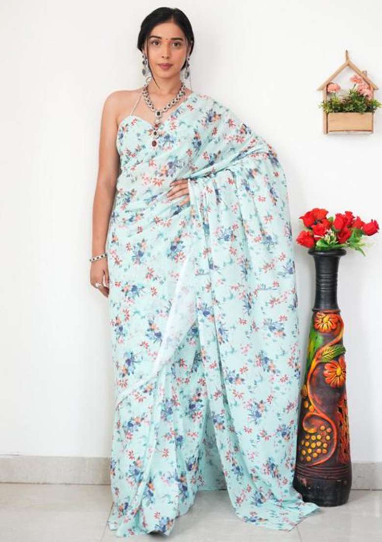 Sky Blue Printed Blended Saree Set - Indya