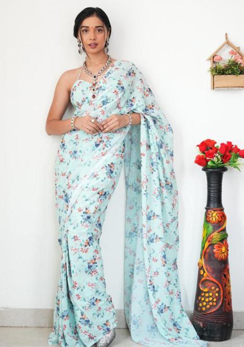 Sky Blue Printed Blended Saree Set - Indya