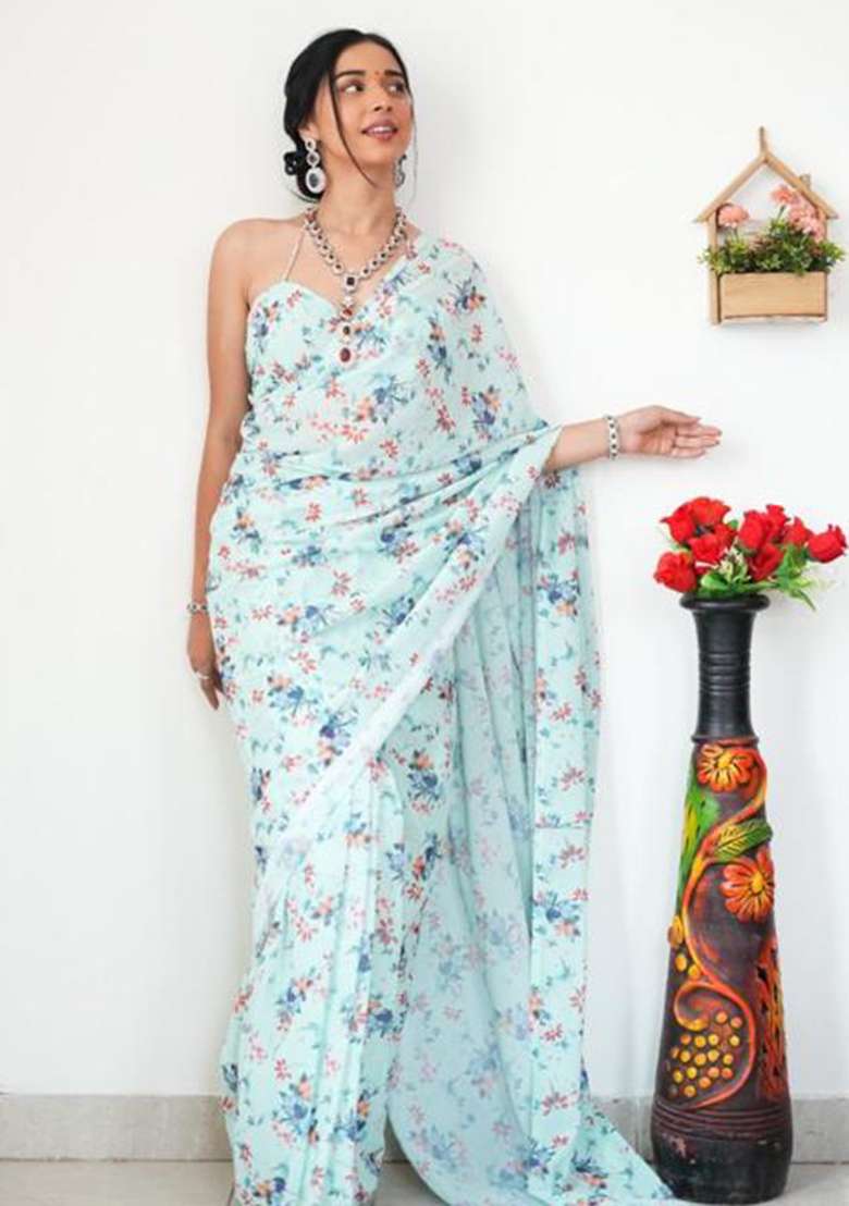 Sky Blue Printed Blended Saree Set - Indya