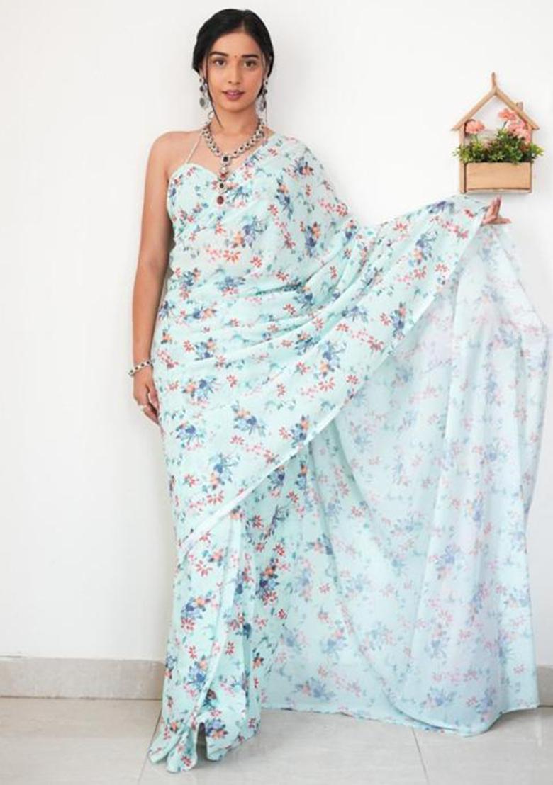 Sky Blue Printed Blended Saree Set - Indya