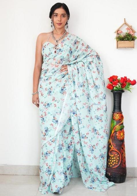 Sky Blue Printed Blended Saree Set