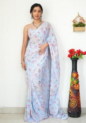 Sky Blue Printed Blended Saree Set