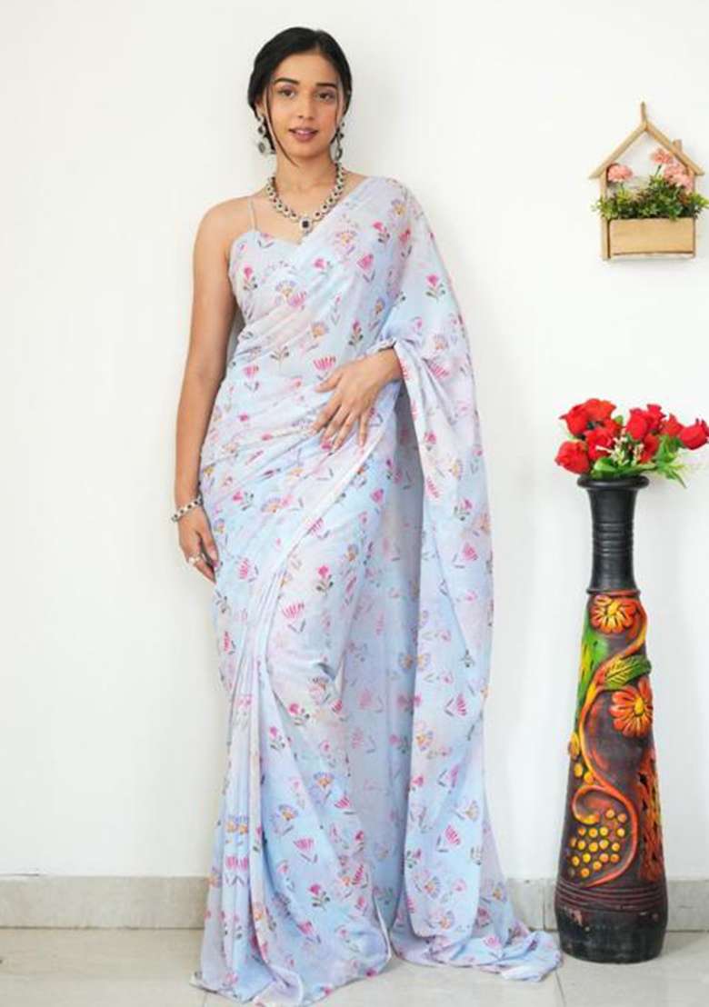 Sky Blue Printed Blended Saree Set - Indya