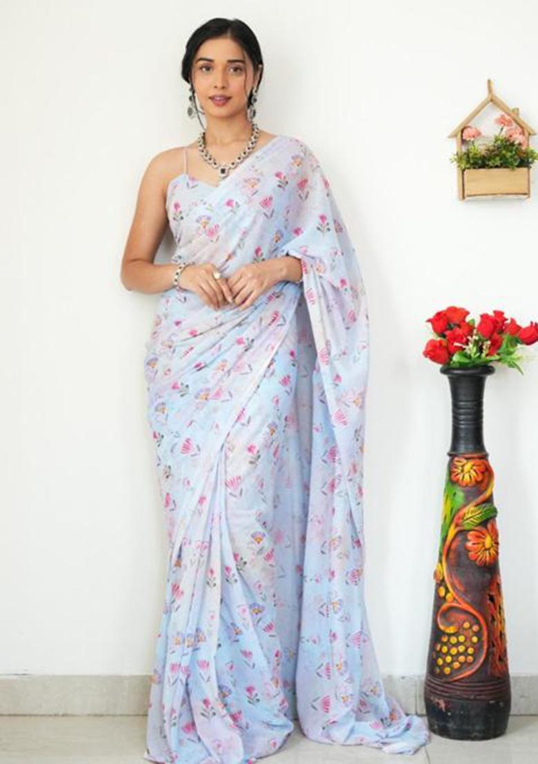 Sky Blue Printed Blended Saree Set - Indya