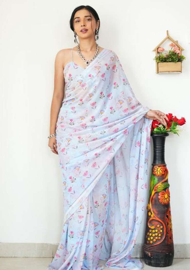 Sky Blue Printed Blended Saree Set - Indya