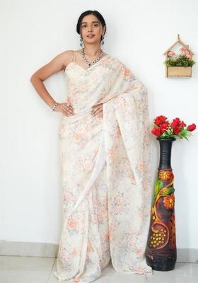 Beige Printed Blended Saree Set