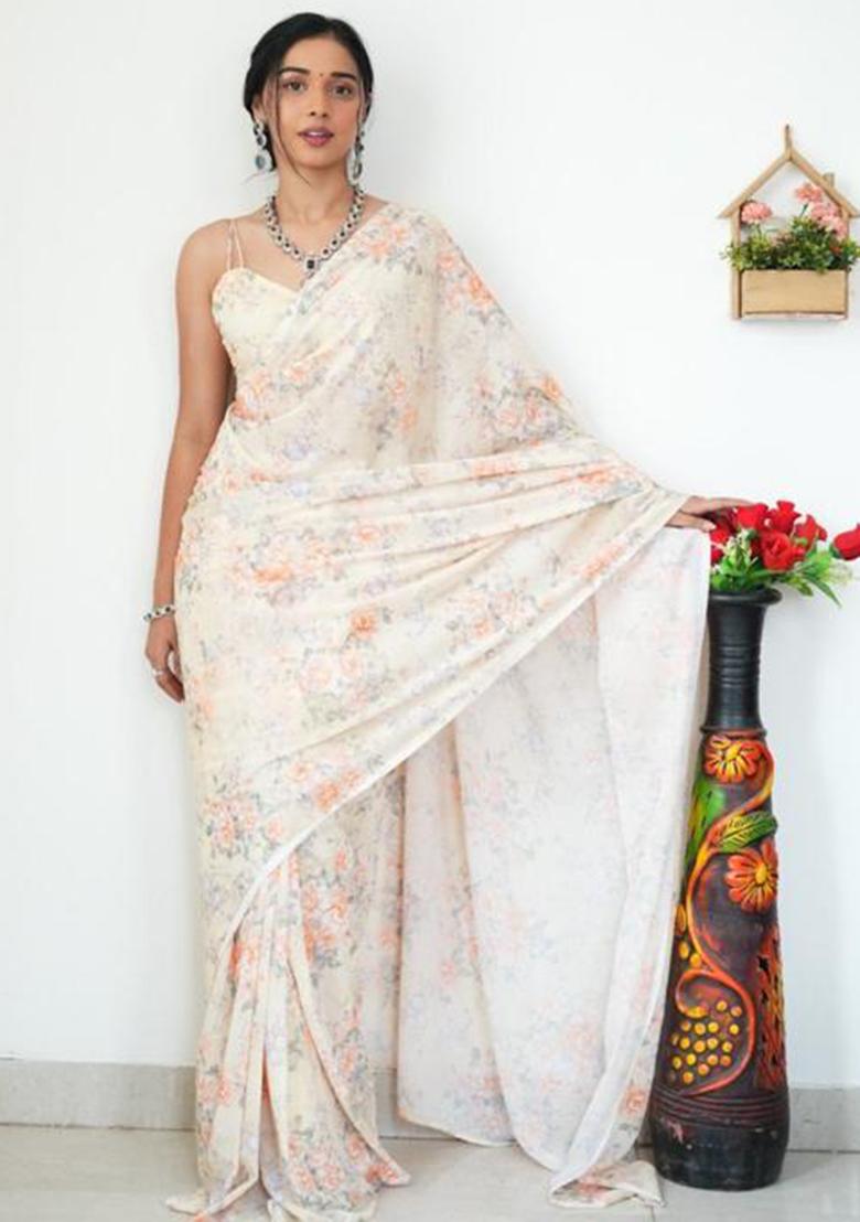 Beige Printed Blended Saree Set - Indya