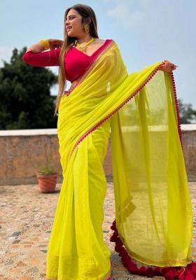 Yellow Printed Blended Saree Set