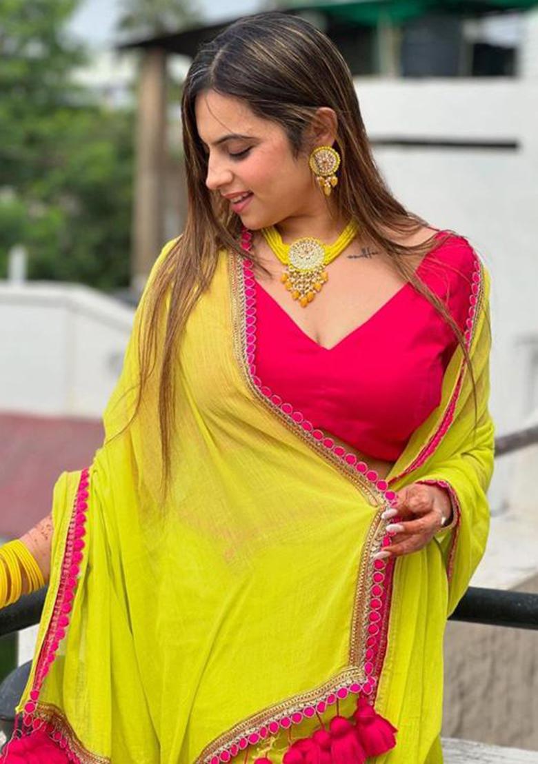 Yellow Printed Blended Saree Set - Indya