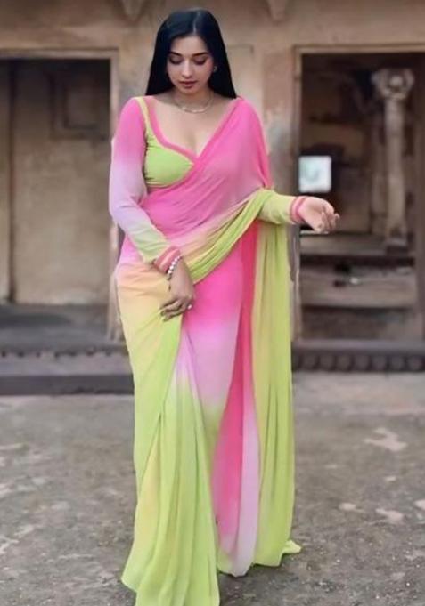 Multicolor Printed Blended Saree Set