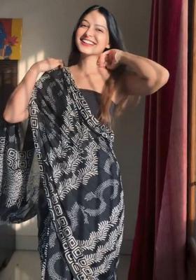 Black Printed Blended Saree Set