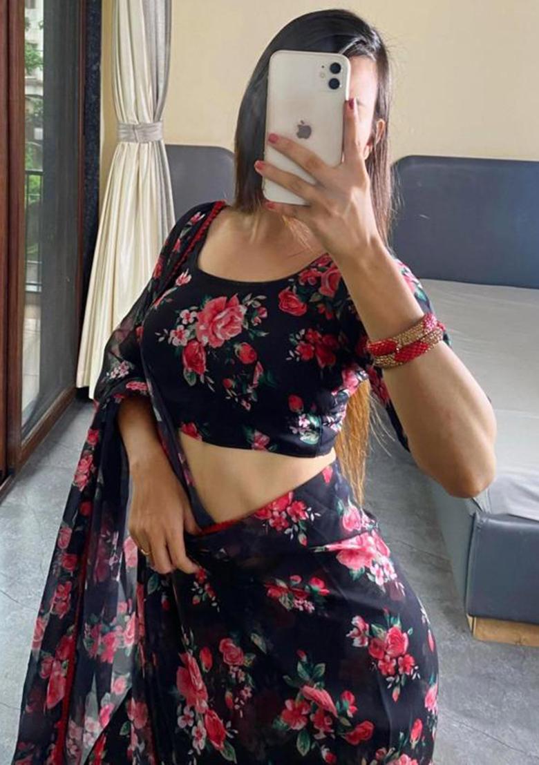 Black Printed Blended Saree Set - Indya