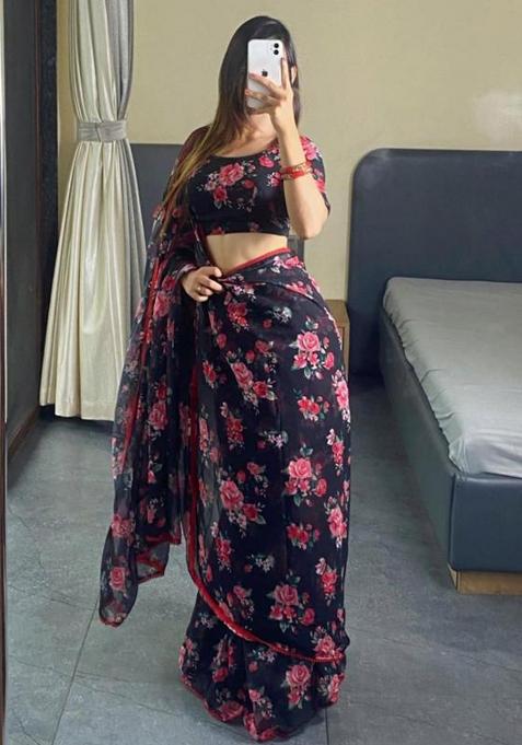 Black Printed Blended Saree Set