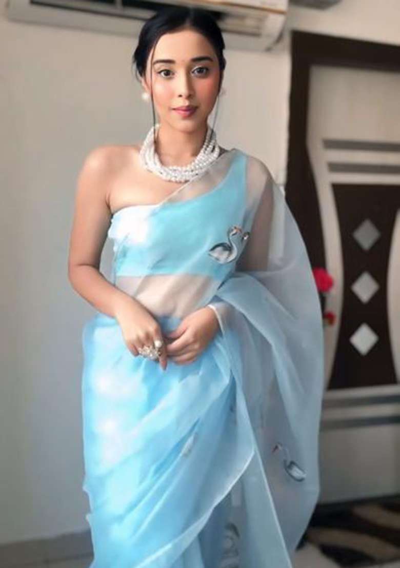 Sky Blue Printed Blended Saree Set - Indya