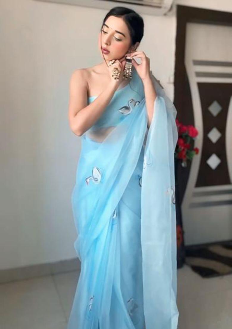 Sky Blue Printed Blended Saree Set - Indya